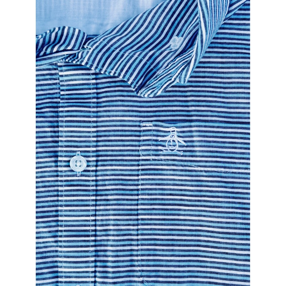 Original Penguin Mens Blue White Striped Short Sleeve Button Down Shirt Medium - Picture 7 of 9